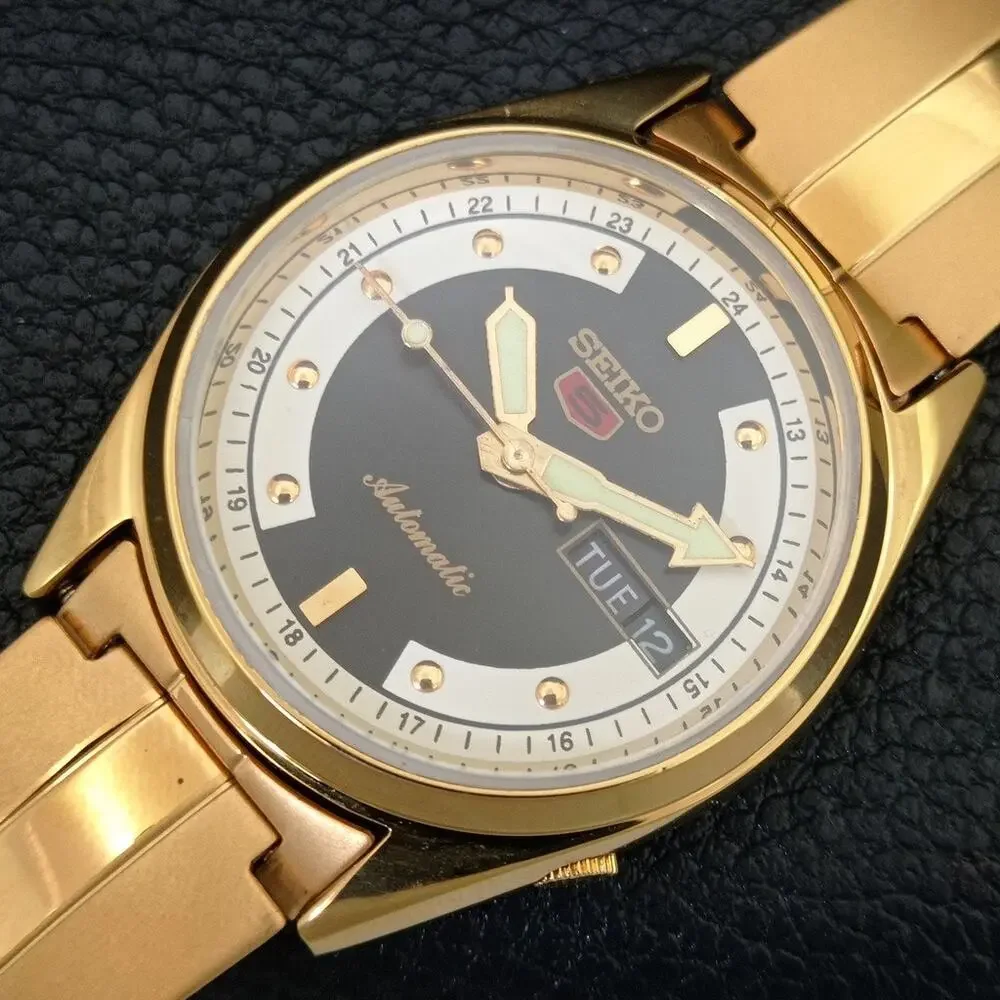 Vintage 1970 Seiko Automatic Mens Gold Watch W/daydate & Black accents
